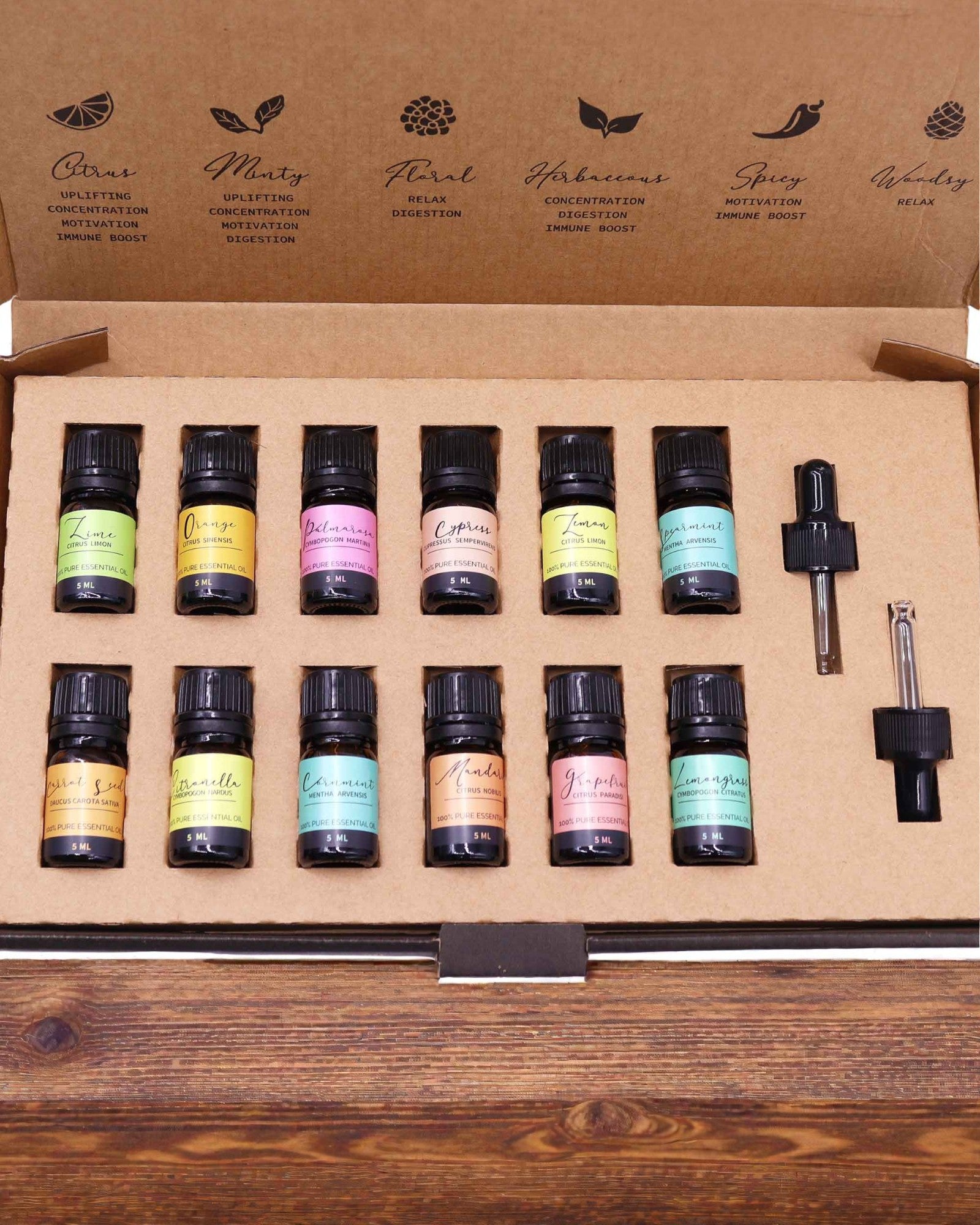 Sommerliche Naturenergie – Luxuriöses Set aus 12 ätherischen Ölen à 5 ml mit Tropfpipetten