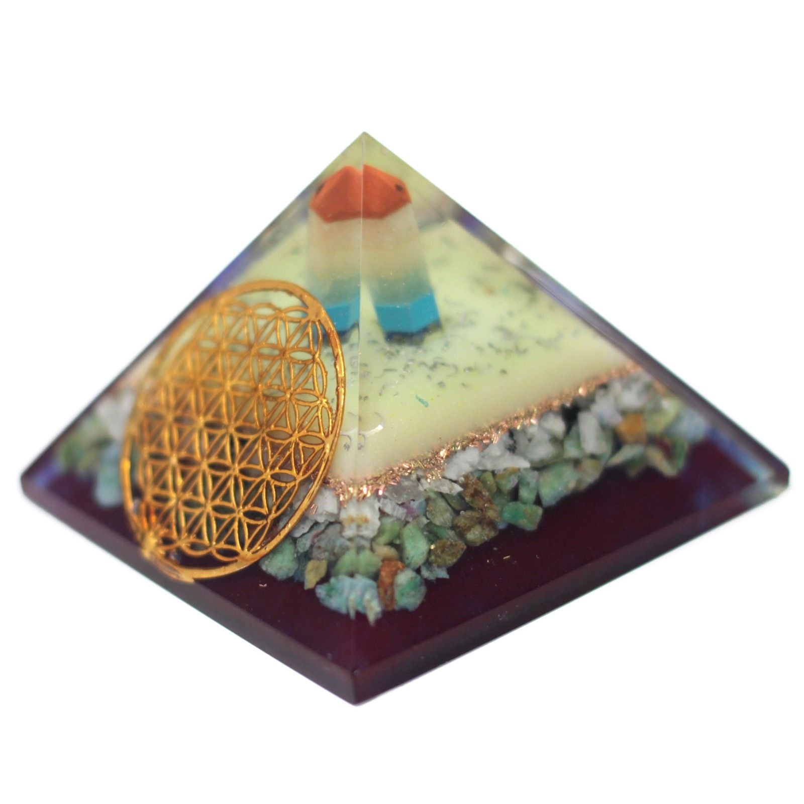 Große Orgonit-Pyramide 70mm mit Symbol der Blume des Lebens