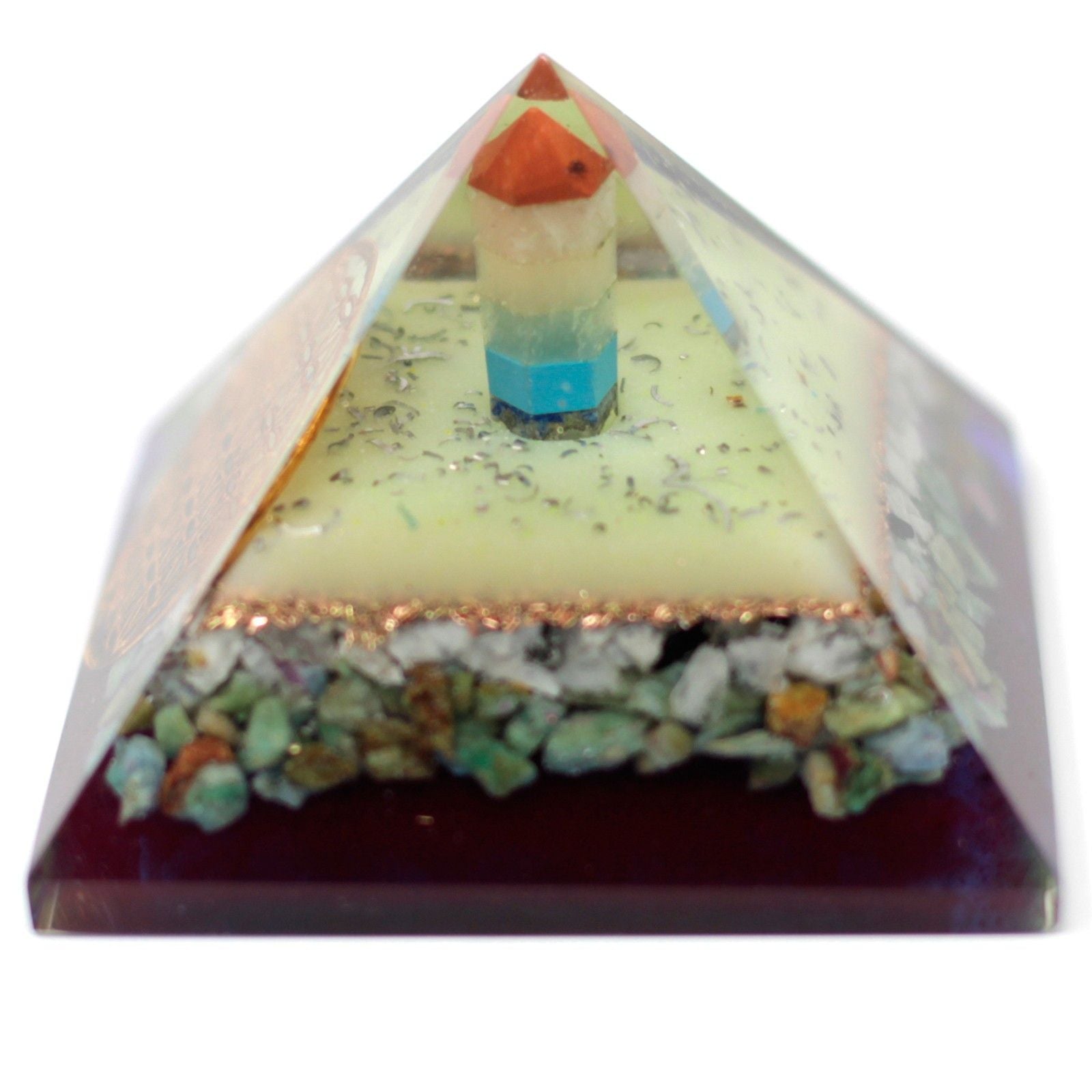 Große Orgonit-Pyramide 70mm mit Symbol der Blume des Lebens