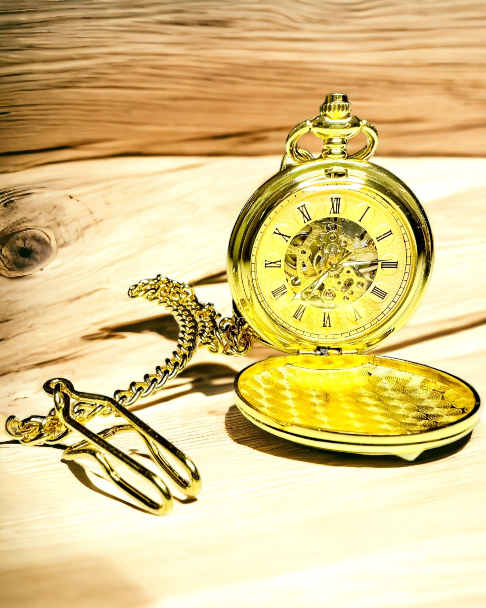 Klassische mechanische Taschenuhr mit Doppeldeckel, manuell, goldfarben, mit Gravur