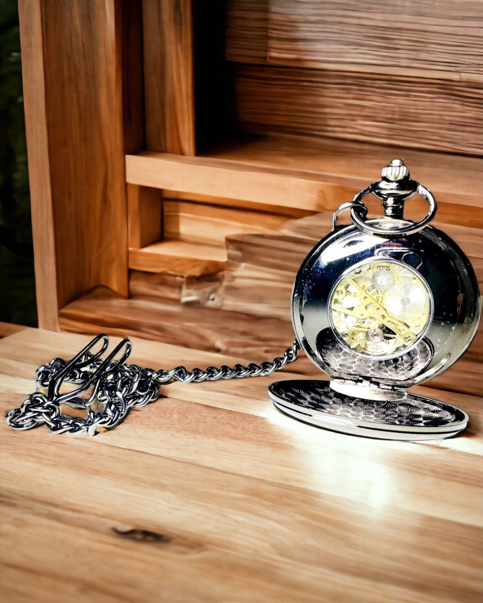 Klassische Mechanische Taschenuhr mit Doppelabdeckung – Manuell, Schwarz, Personalisierung mit Gravur