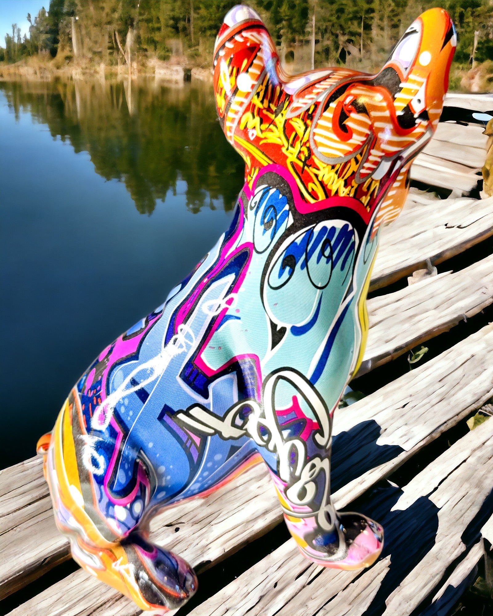 Handgefertigte Französische Bulldoggenfigur im Street-Art-Stil mit Gravuroption