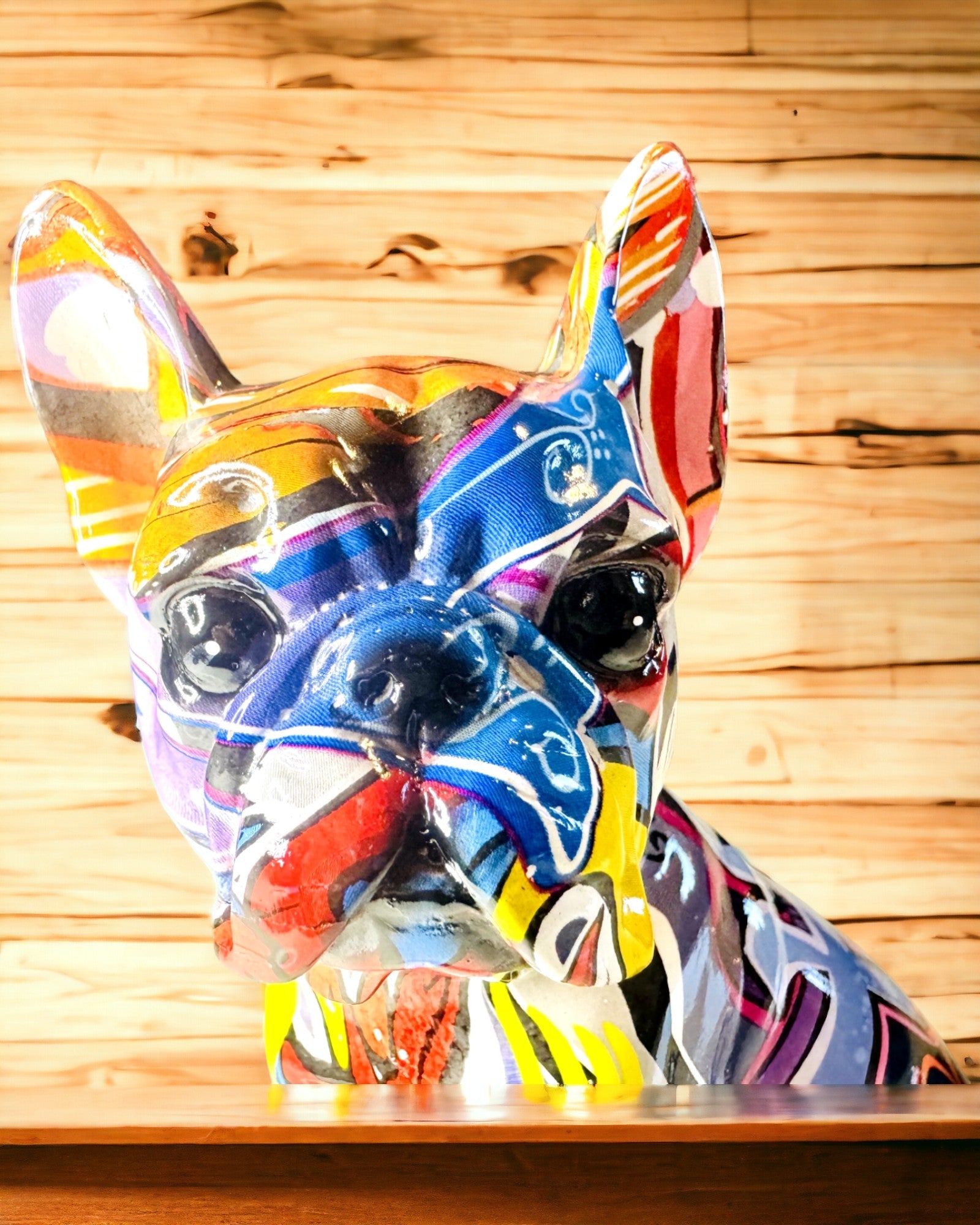 Handgefertigte Französische Bulldoggenfigur im Street-Art-Stil mit Gravuroption