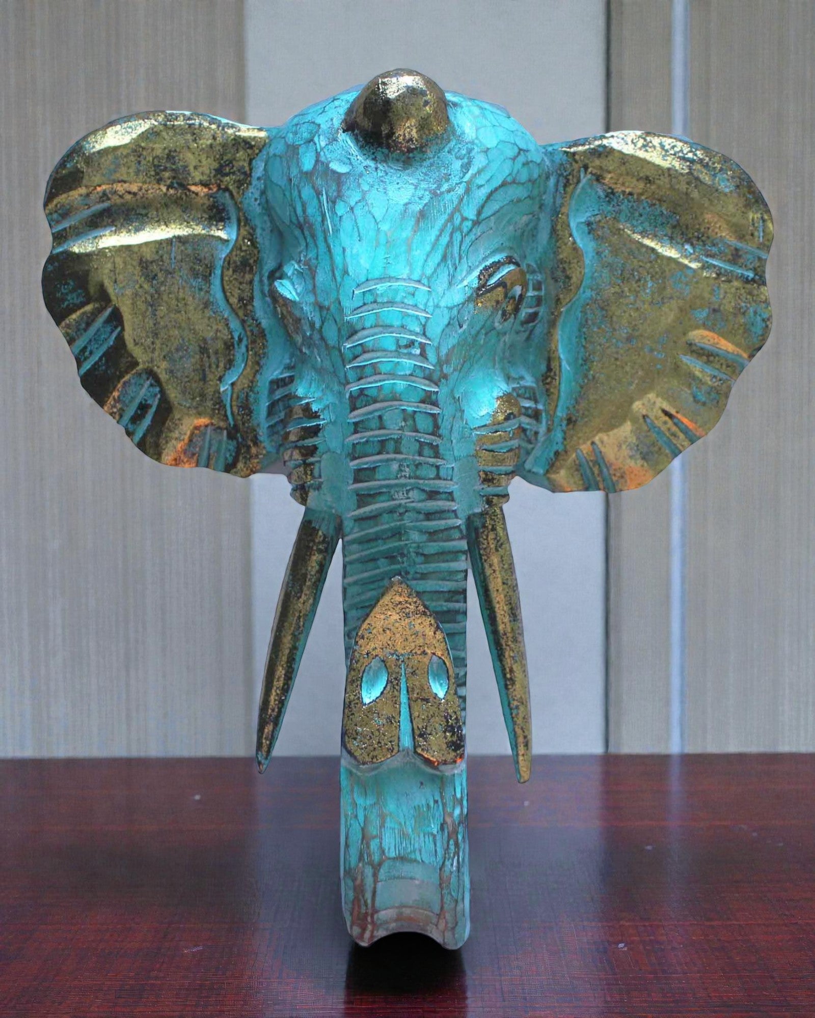 Großer Elefantenkopf 29x26 cm – Türkis und Gold