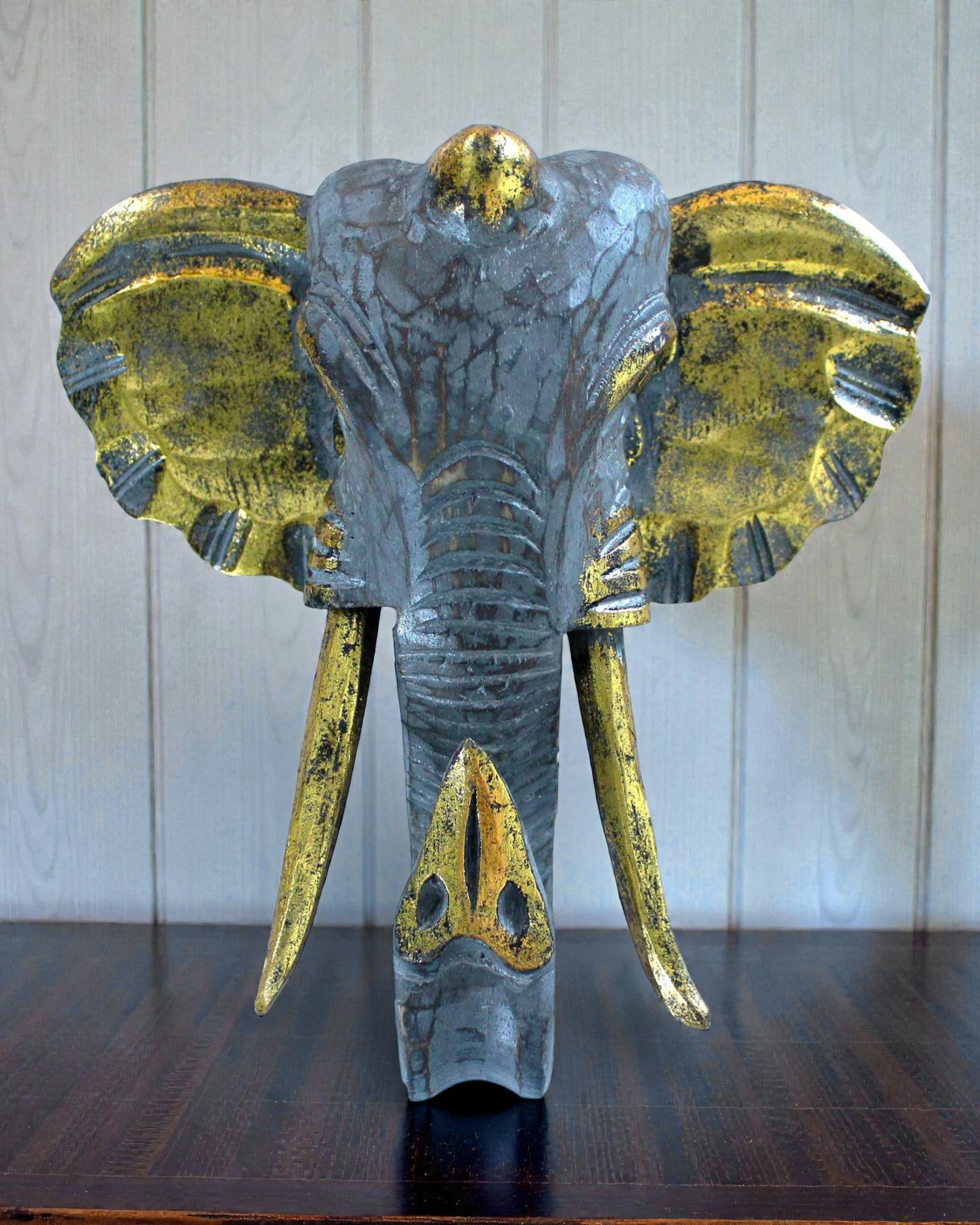 Großer Elefantenkopf 29x26 cm – Grau, Blau und Gold