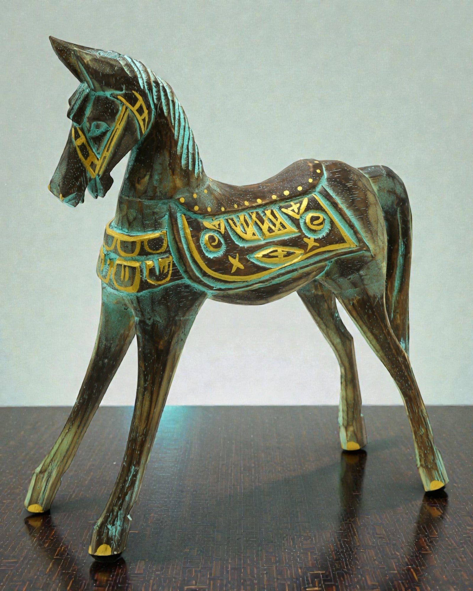 Mittleres gold-türkisfarbenes Pferd 25 cm – Orientalische Eleganz