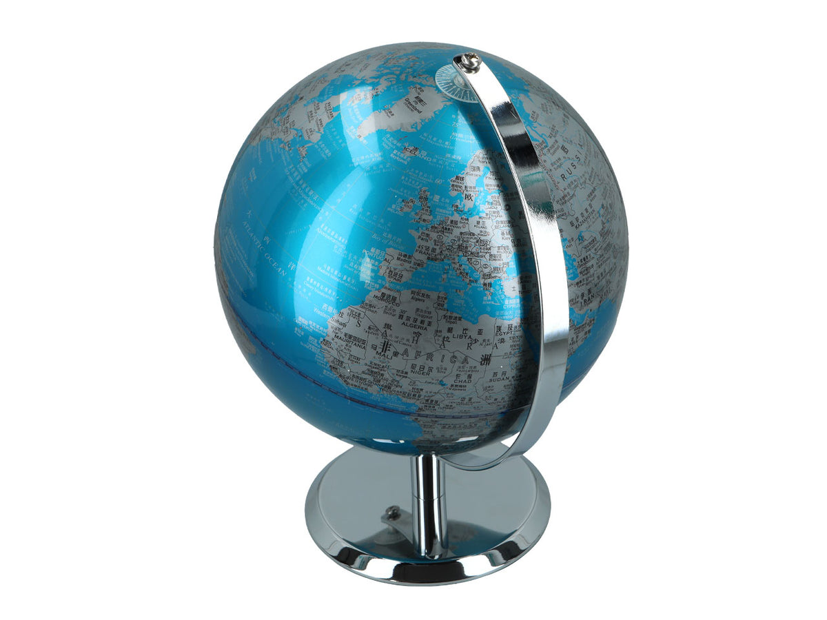 Großer dekorativer Globus in Blau-Silber mit Möglichkeit zur Personalisierung durch Gravur, 23 cm hoch