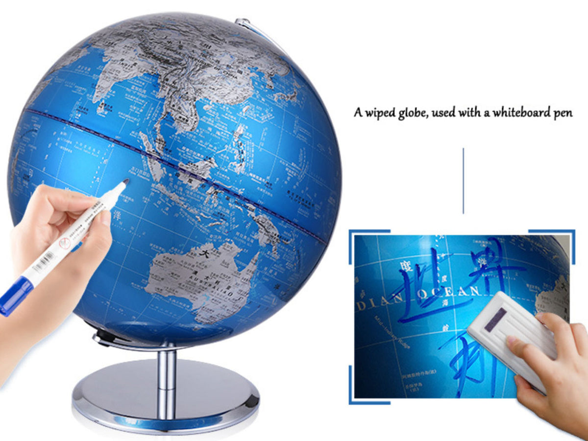 Großer dekorativer Globus in Blau-Silber mit Möglichkeit zur Personalisierung durch Gravur, 23 cm hoch