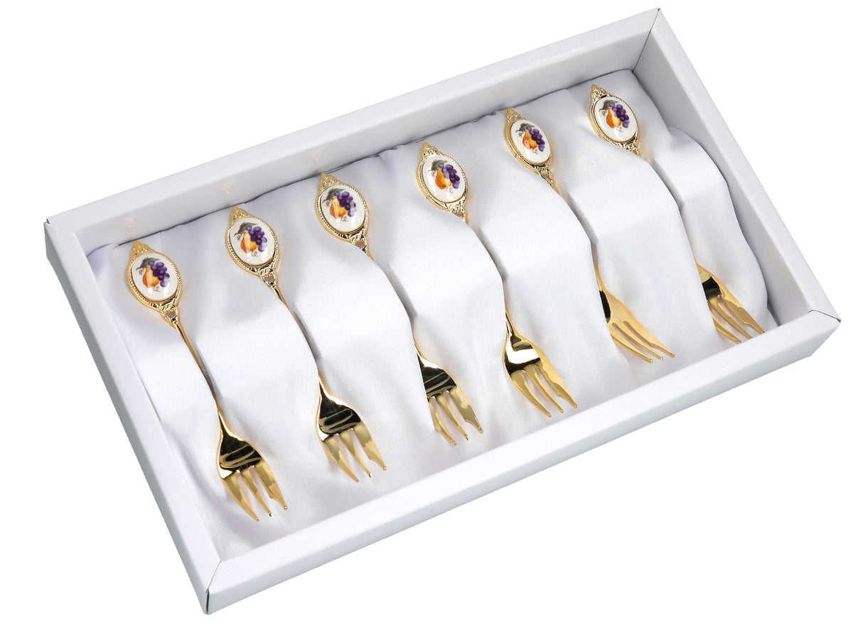 Set mit 6 Kuchengabeln, mit 24K Gold beschichtete Kuchengabeln, Obstmotiv