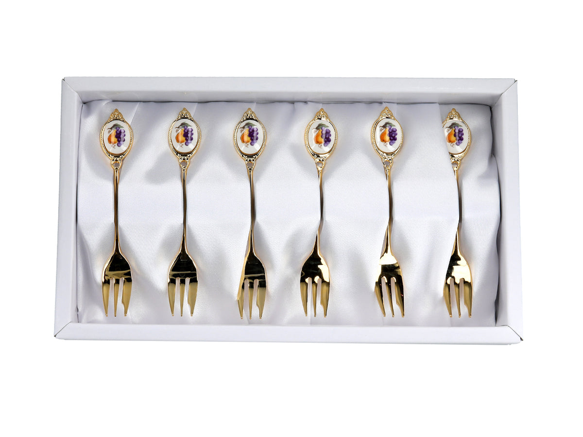 Set mit 6 Kuchengabeln, mit 24K Gold beschichtete Kuchengabeln, Obstmotiv