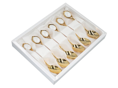 Set mit 6 mit 24K Gold beschichteten Löffelchen Weiße Ösen CARMANI mit Möglichkeit zur Personalisierung durch Gravur - elegantes Geschenk für jeden Anlass, Maße 13 cm