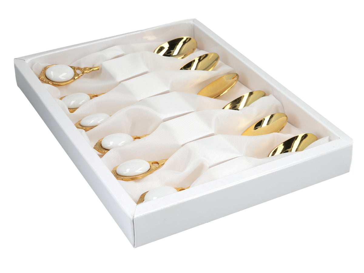 Set mit 6 mit 24K Gold beschichteten Löffelchen Weiße Ösen CARMANI mit Möglichkeit zur Personalisierung durch Gravur - elegantes Geschenk für jeden Anlass, Maße 13 cm