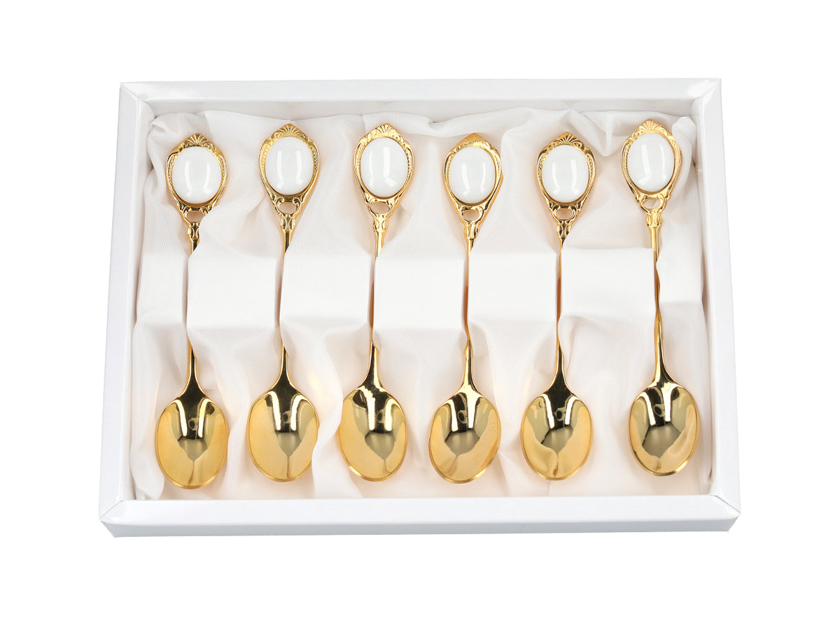 Set mit 6 mit 24K Gold beschichteten Löffelchen Weiße Ösen CARMANI mit Möglichkeit zur Personalisierung durch Gravur - elegantes Geschenk für jeden Anlass, Maße 13 cm