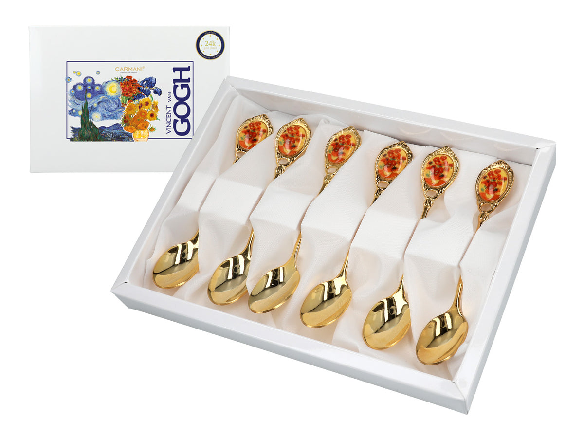 Set aus 6 goldenen Löffelchen mit dem Motiv der Sonnenblumen von Vincent van Gogh