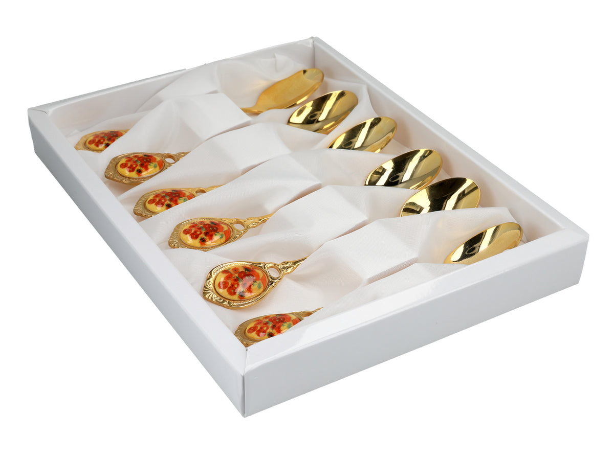 Set aus 6 goldenen Löffelchen mit dem Motiv der Sonnenblumen von Vincent van Gogh