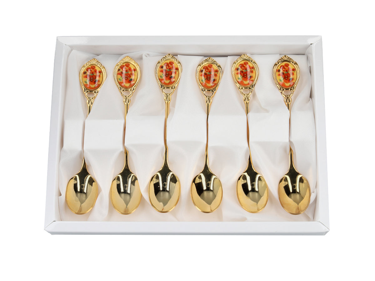 Set aus 6 goldenen Löffelchen mit dem Motiv der Sonnenblumen von Vincent van Gogh