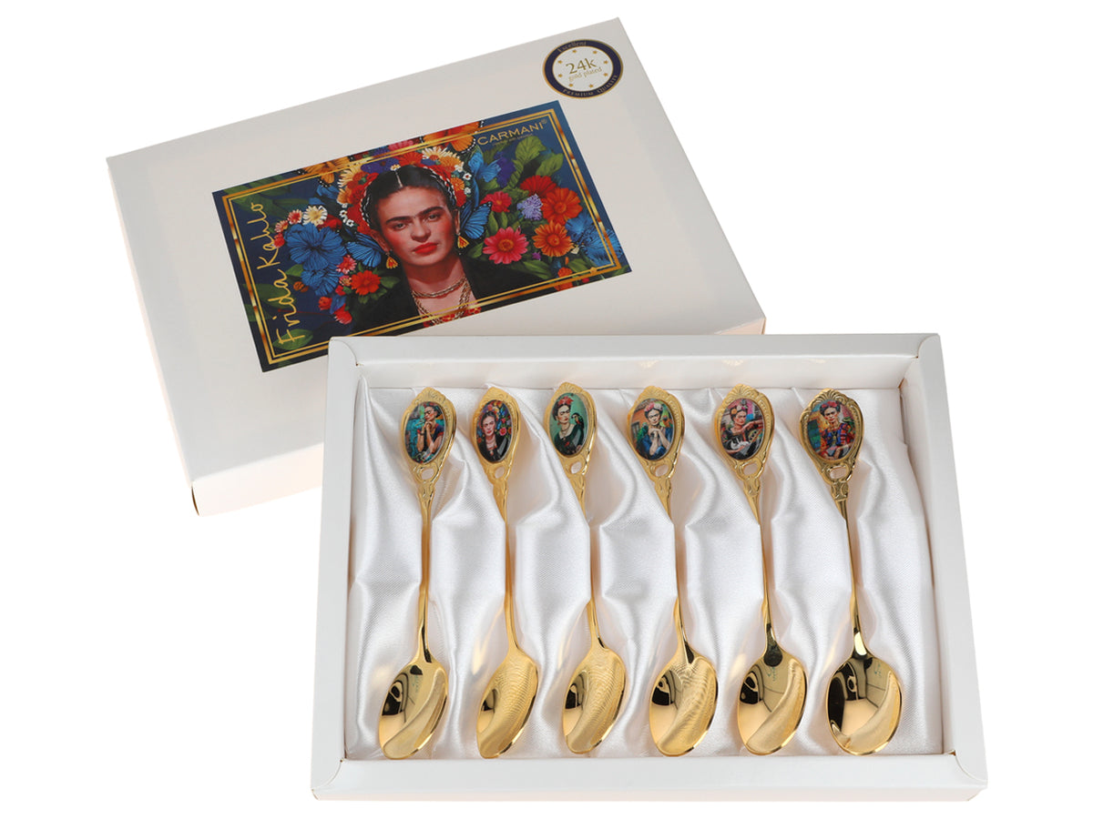 Set aus 6 mit 24K Gold beschichteten Löffelchen F. Kahlo mit Möglichkeit zur Personalisierung durch Gravur - elegantes Besteck als Geschenk, 13 cm, CARMANI