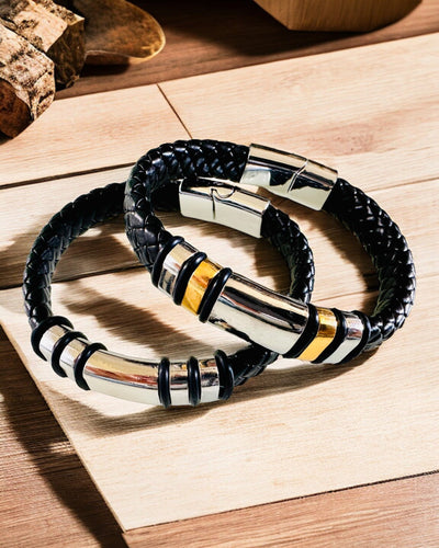 Modisches Hip-Hop-Armband für Männer mit Gravur nach Maß und magnetischem Verschluss – Wählen Sie einen Stil mit silbernen oder goldenen Akzenten, 22 cm PU-Leder