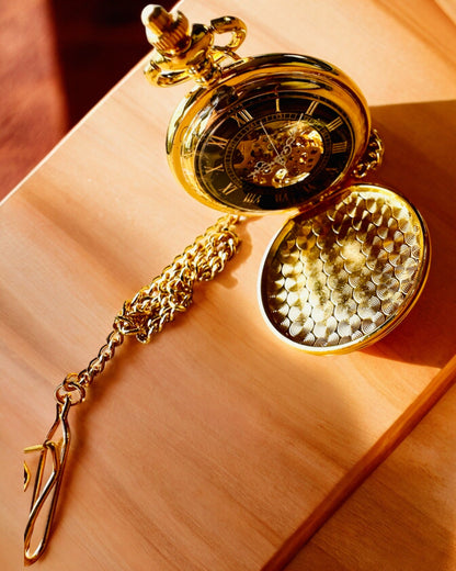 Grand Elegance Taschenuhr mit Doppeldeckel, Manuell, Goldfarben, mit Gravur als Geschenk