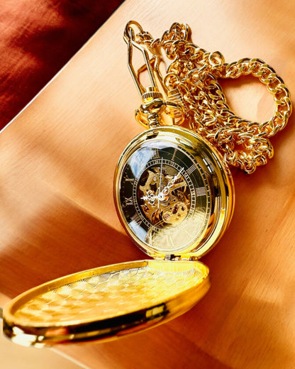 Grand Elegance Taschenuhr mit Doppeldeckel, Manuell, Goldfarben, mit Gravur als Geschenk