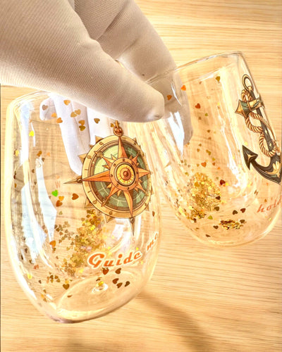 Doppelwandige Gläser "Nautical Dreams" mit Goldflocken - Set aus 2 Stück, 300 ml Fassungsvermögen, Personalisierung mit Gravur möglich