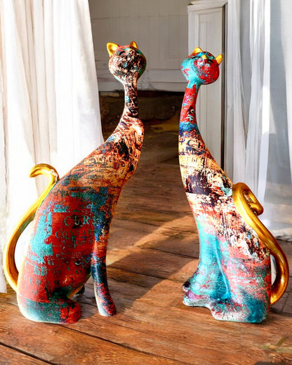 Abstrakte Katzenfiguren "ArtCats", handbemalt, Harz – 25 cm, 2 Stk.