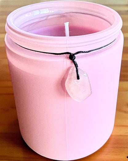 Intentionale Sojakerze Rosenquarz – Liebe, Harmonie und Herzensfrieden, 250 ml, personalisierbar als Geschenk
