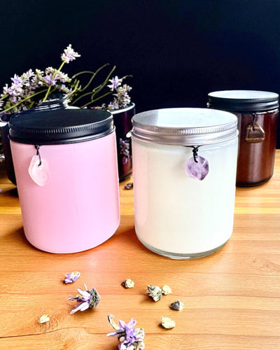 Intentionale Sojakerze Rosenquarz – Liebe, Harmonie und Herzensfrieden, 250 ml, personalisierbar als Geschenk