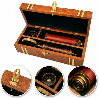 Exklusives Retro-Geschenkset – Fernrohr, Kompass und Lupe - NC102369