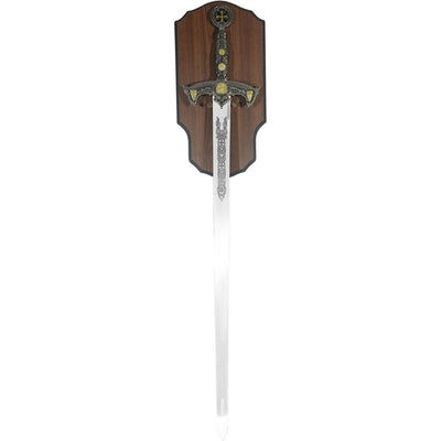 Replik eines Templerschwertes mit Gravur auf einem Holzhalter