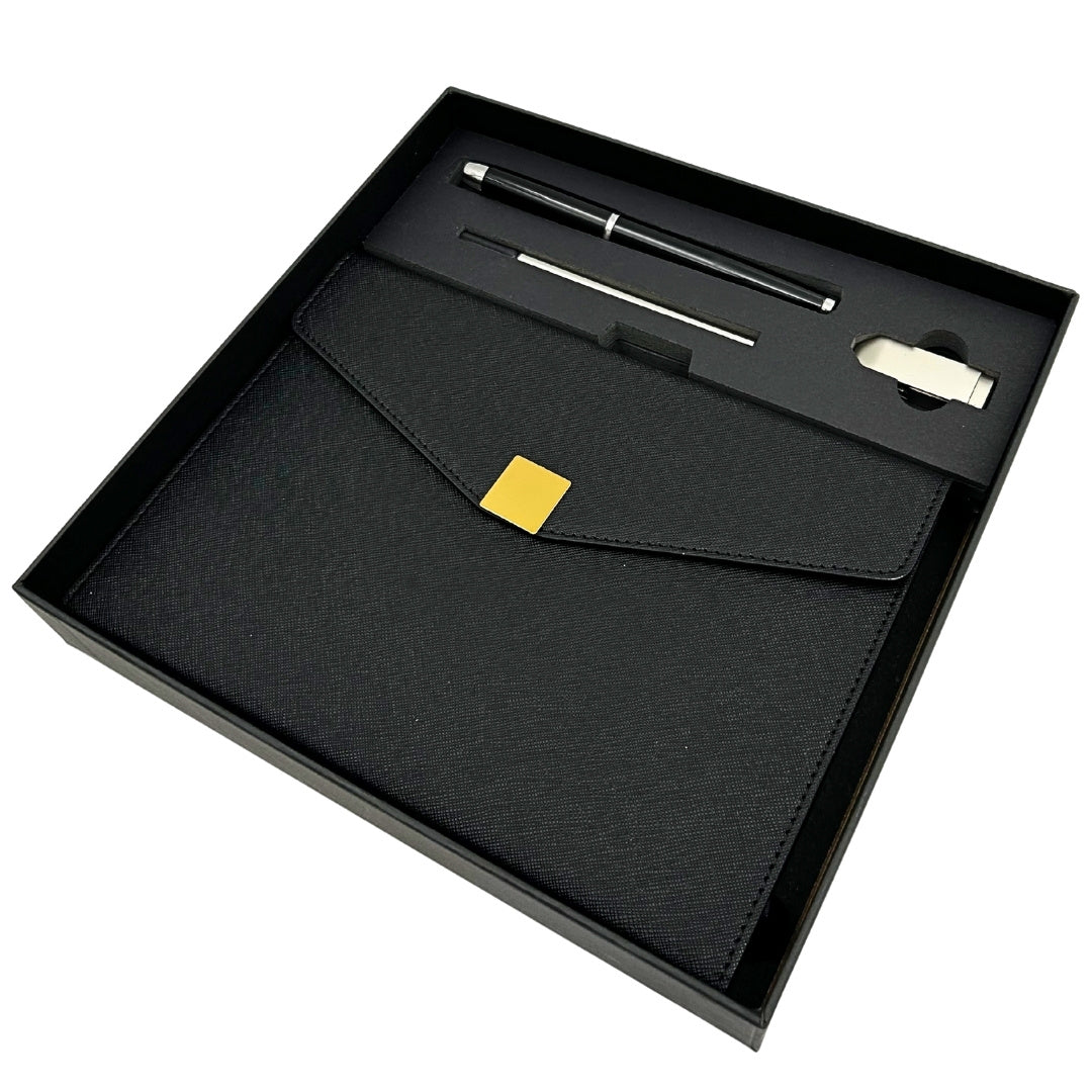 Elegantes Premium-Geschenkset – A5-Notizbuch mit Kugelschreiber und 16GB-USB-Stick in Box – Schwarz-Gold – EE9