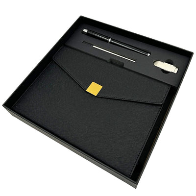 Elegantes Premium-Geschenkset – A5-Notizbuch mit Kugelschreiber und 16GB-USB-Stick in Box – Schwarz-Gold – EE9