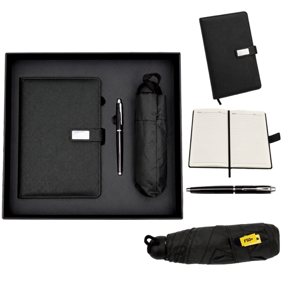 Elegantes Geschenkset - Ledernotizbuch mit Regenschirm und Kugelschreiber in Geschenkbox - EE12