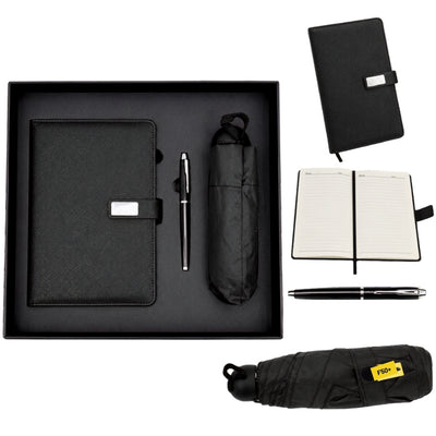 Elegantes Geschenkset - Ledernotizbuch mit Regenschirm und Kugelschreiber in Geschenkbox - EE12