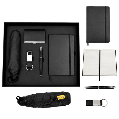Elegantes Premium-Business-Geschenkset - Ledernotizbuch Regenschirm Visitenkartenetui Kugelschreiber Schlüsselanhänger - EE15