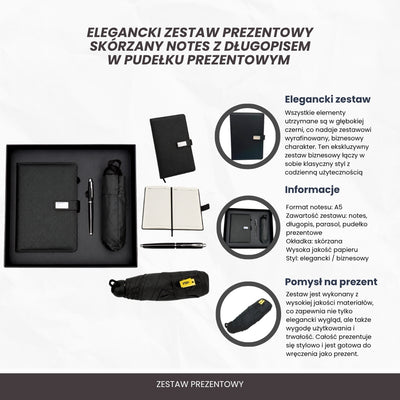 Elegantes Geschenkset - Ledernotizbuch mit Regenschirm und Kugelschreiber in Geschenkbox - EE12