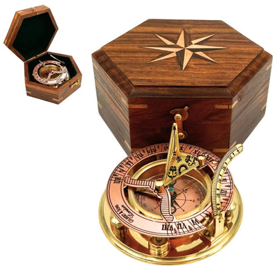 Messingkompass mit Sonnenuhr in eleganter Holzschachtel - Ideales Geschenk mit Personalisierung durch Gravur - Retro-Stil, klassische Ausführung, hohe Qualität