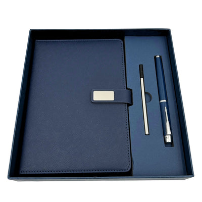 Elegantes Geschenkset marineblaues Ledernotizbuch A5 mit Kugelschreiber in Geschenkbox - EE13