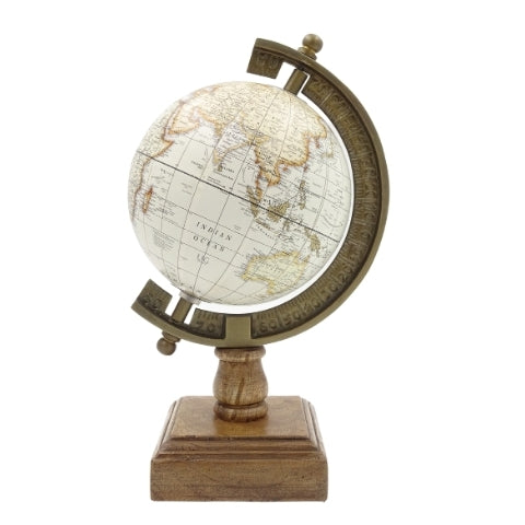 Stilvoller dekorativer Globus Amundsen auf Holzsockel mit Gravur - elegante Dekoration für klassische, Loft- und koloniale Innenräume, ideal als Geschenk - Höhe 26,5 cm, Farbe Weiß-Braun, pädagogischer Akzent in englischer Sprache