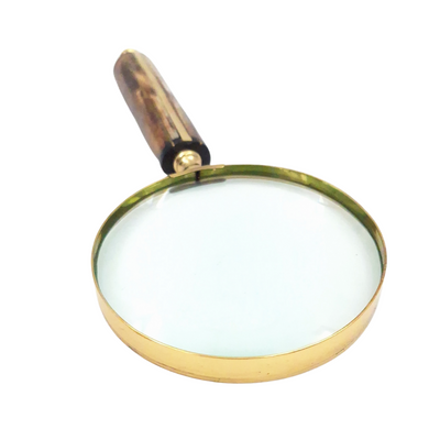 MFM-Lupe in Messingfassung mit Knochengriff, 3.5x Vergrößerung, Personalisierung durch Gravur, ideal als Geschenk für Sammler, goldene und weiße/cremefarbene Farbe, Maße 10 x 23 x 1.9 cm