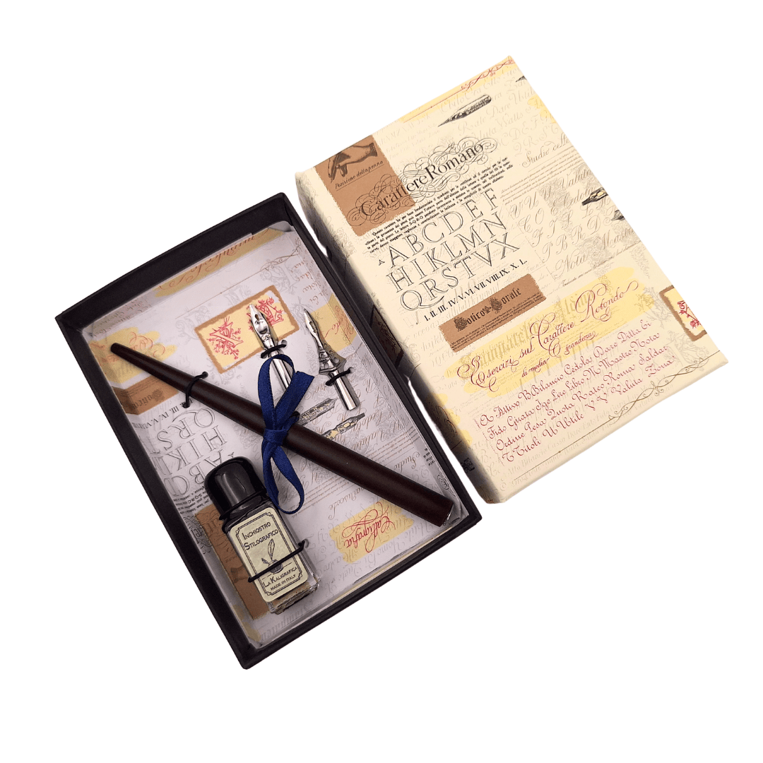 Kalligrafie-Set - Feder mit zwei Schreibfedern + Tintenfass - 5422
