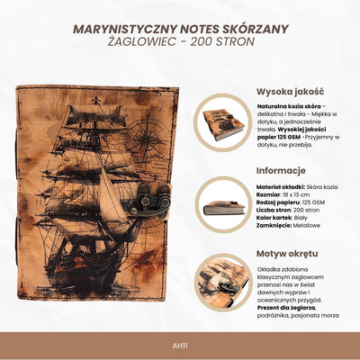 Maritimes Retro-Leder-Notizbuch Segelschiff - Geschenk für einen Segler – AH11