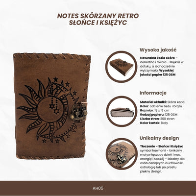 Retro-Leder-Notizbuch 200 Seiten, Sonne und Mond, 200 Seiten - AH05