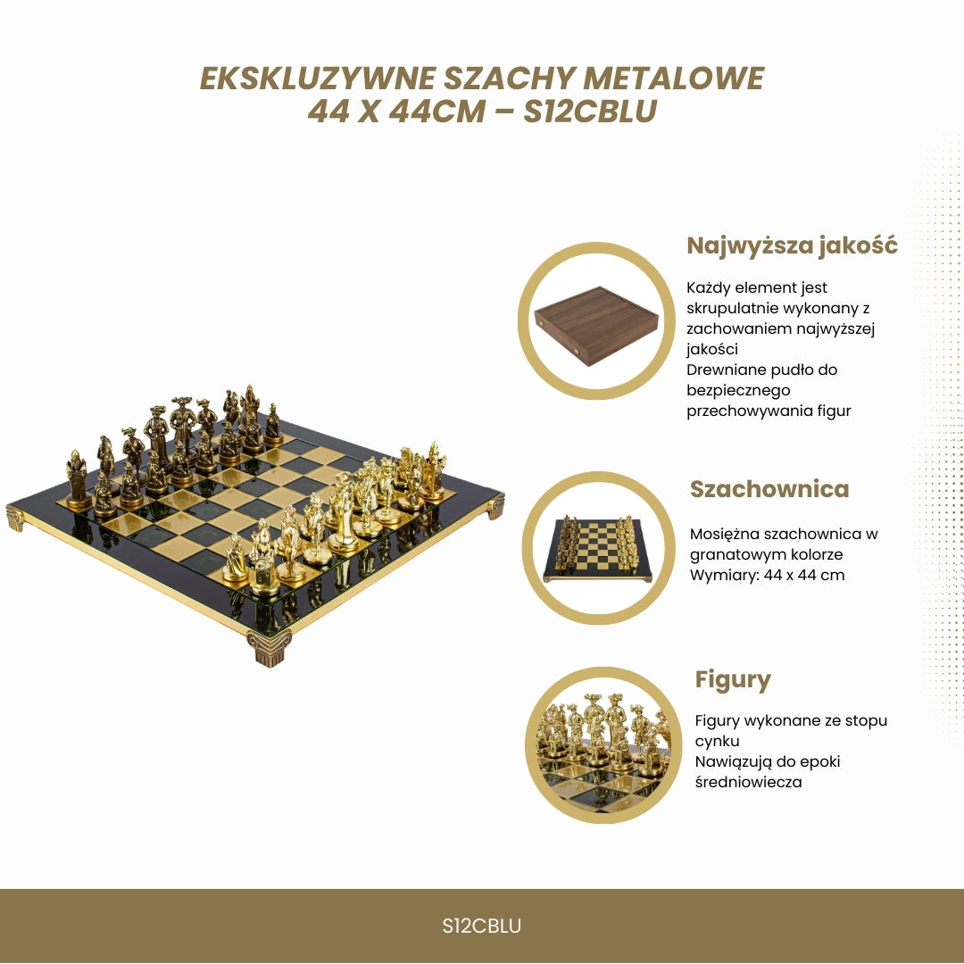 Exklusive Metallschachfiguren – Messing-Schachbrett 44 x 44cm – Mittelalter – S12CBLU