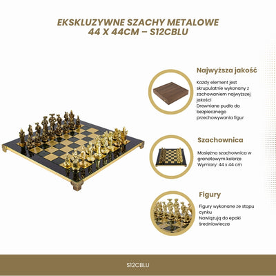 Exklusive Metallschachfiguren – Messing-Schachbrett 44 x 44cm – Mittelalter – S12CBLU
