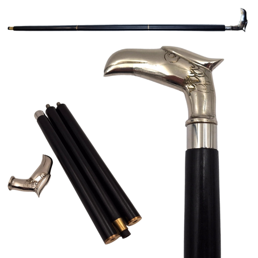 Faltbarer Holzgehstock mit Adlerkopf - elegantes Geschenk mit Möglichkeit zur Personalisierung durch Gravur, Länge 91,5 cm, schwarz mit silberfarbenem Messinggriff
