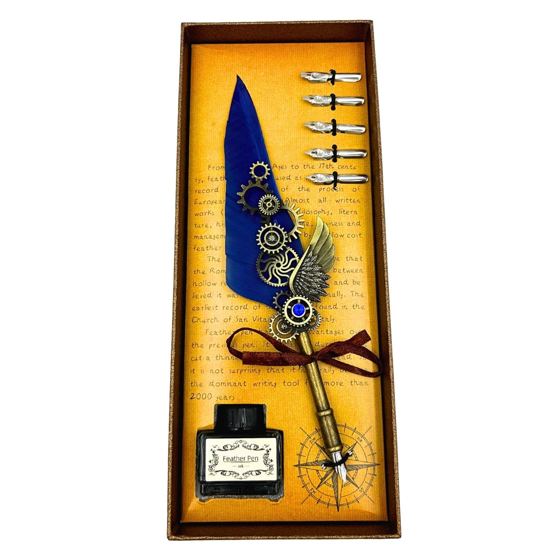 Retro-Kalligrafie-Set mit blauer Gänsefeder, Vintage, 6 Federspitzen, Tinte, Geschenk – EE11