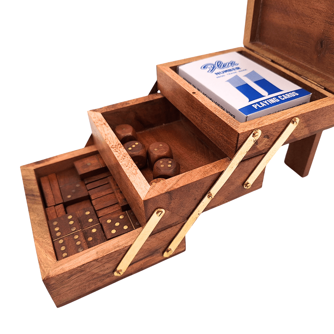Elegantes 3-in-1-Spieleset - Karten Würfel Domino - DNU-101