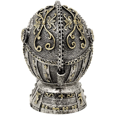 Dekorative Spardose Ritterhelm mit Gravur – antikes Silber, 13 cm