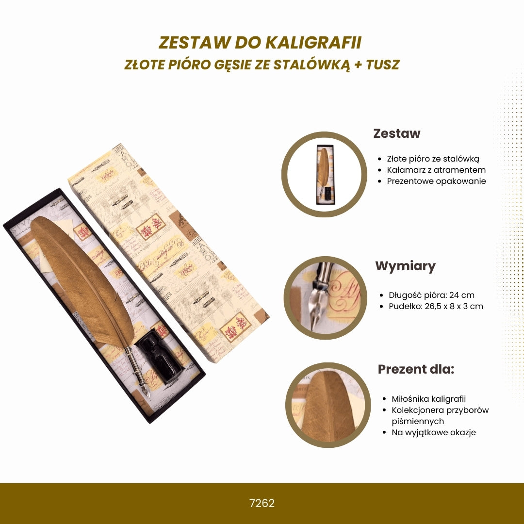 Kalligrafie-Set - goldene Gänsefeder mit Schreibfeder + Tinte – 7262
